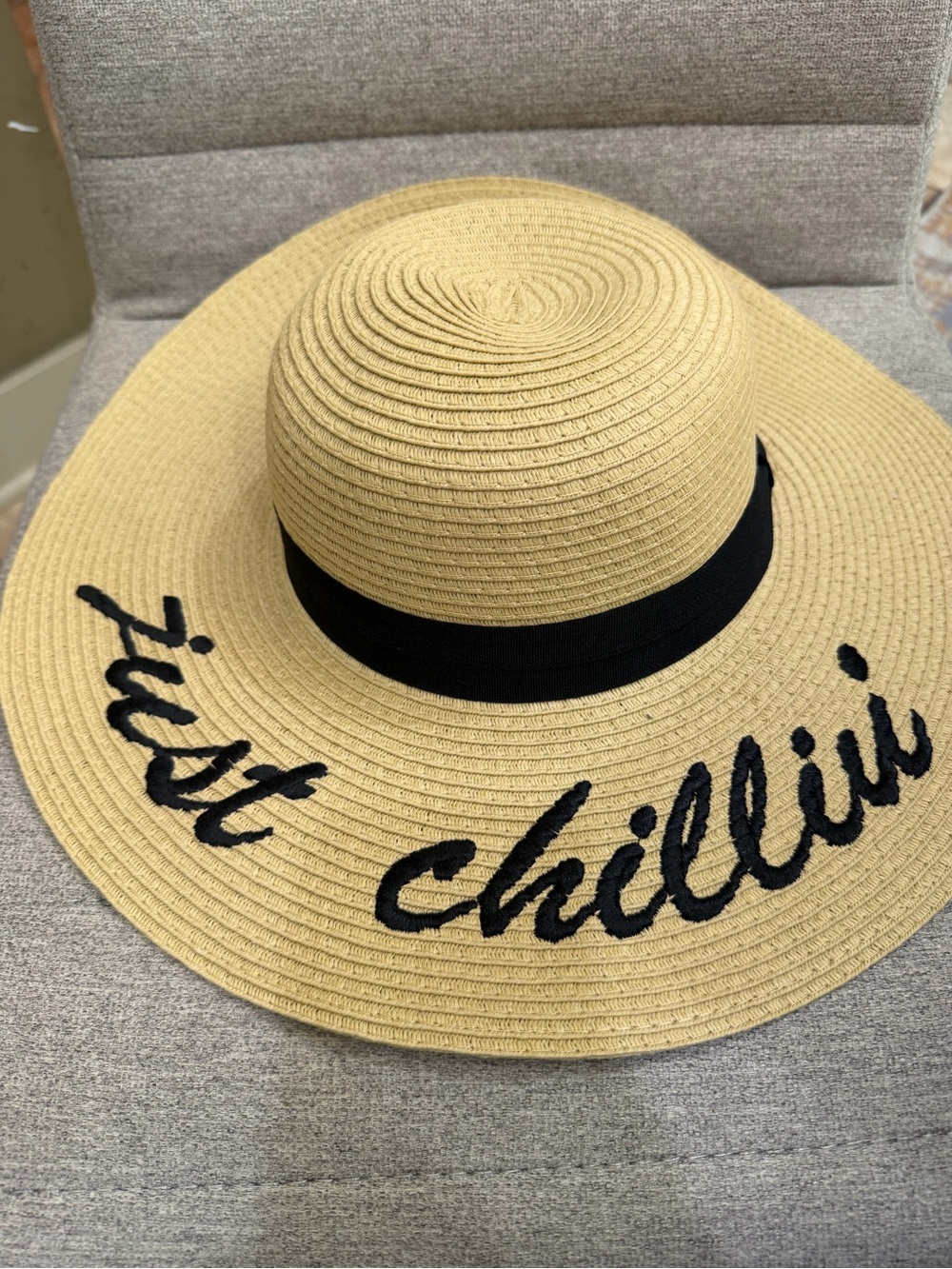 NEW Beginning Boutique Woven Straw Sun Hat with Black Script and Ribbon
